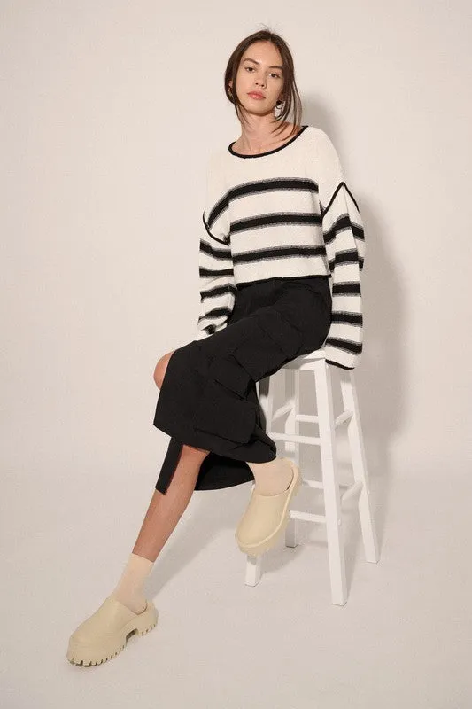 STRIPED KNIT CROP SWEATER (CREAM/BLK)