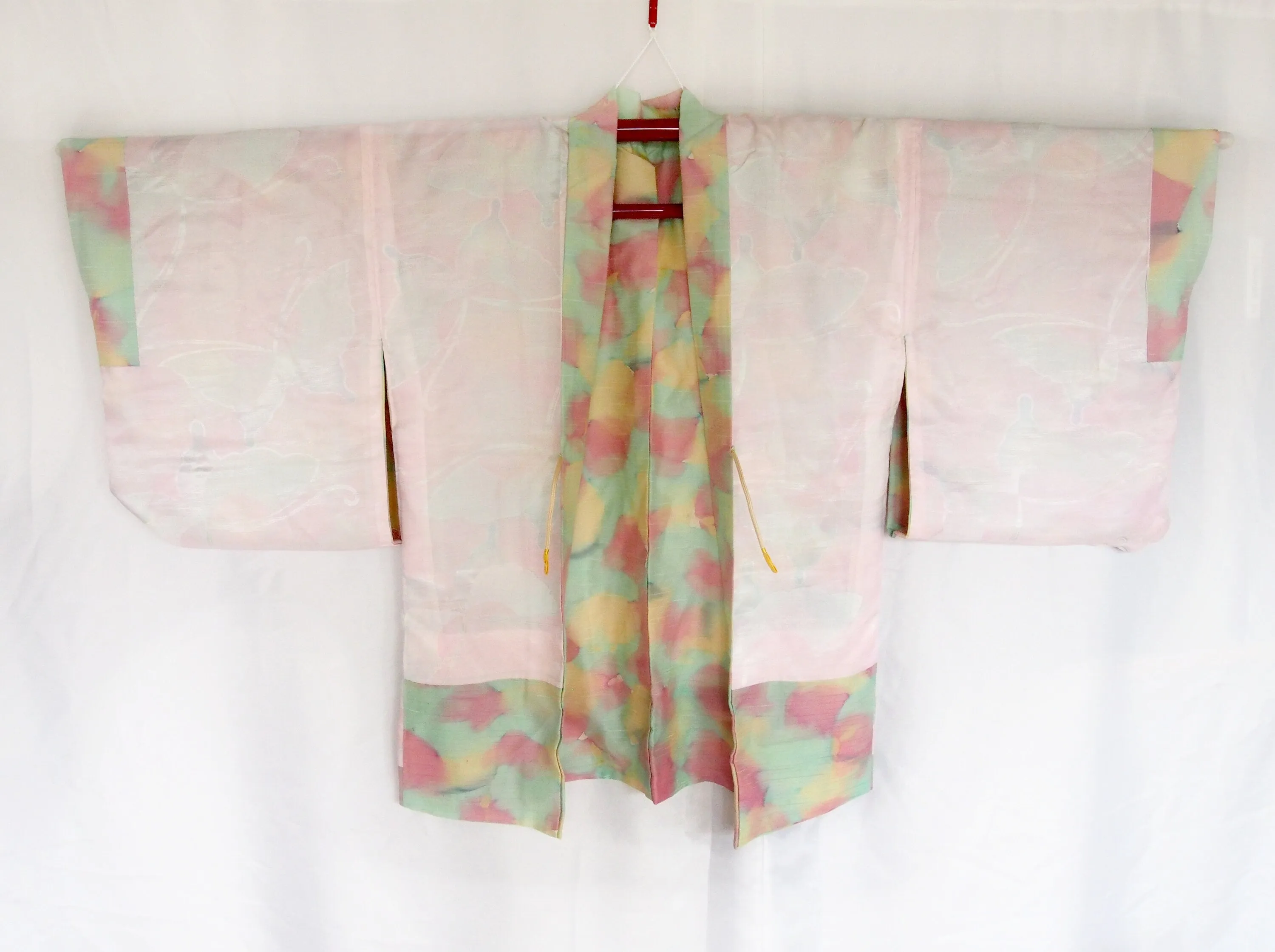 Vintage Japanese kimono coat - pastel mint, pink, and cream haori