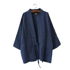 Women Blue Stripe Kimono Jacket Haori